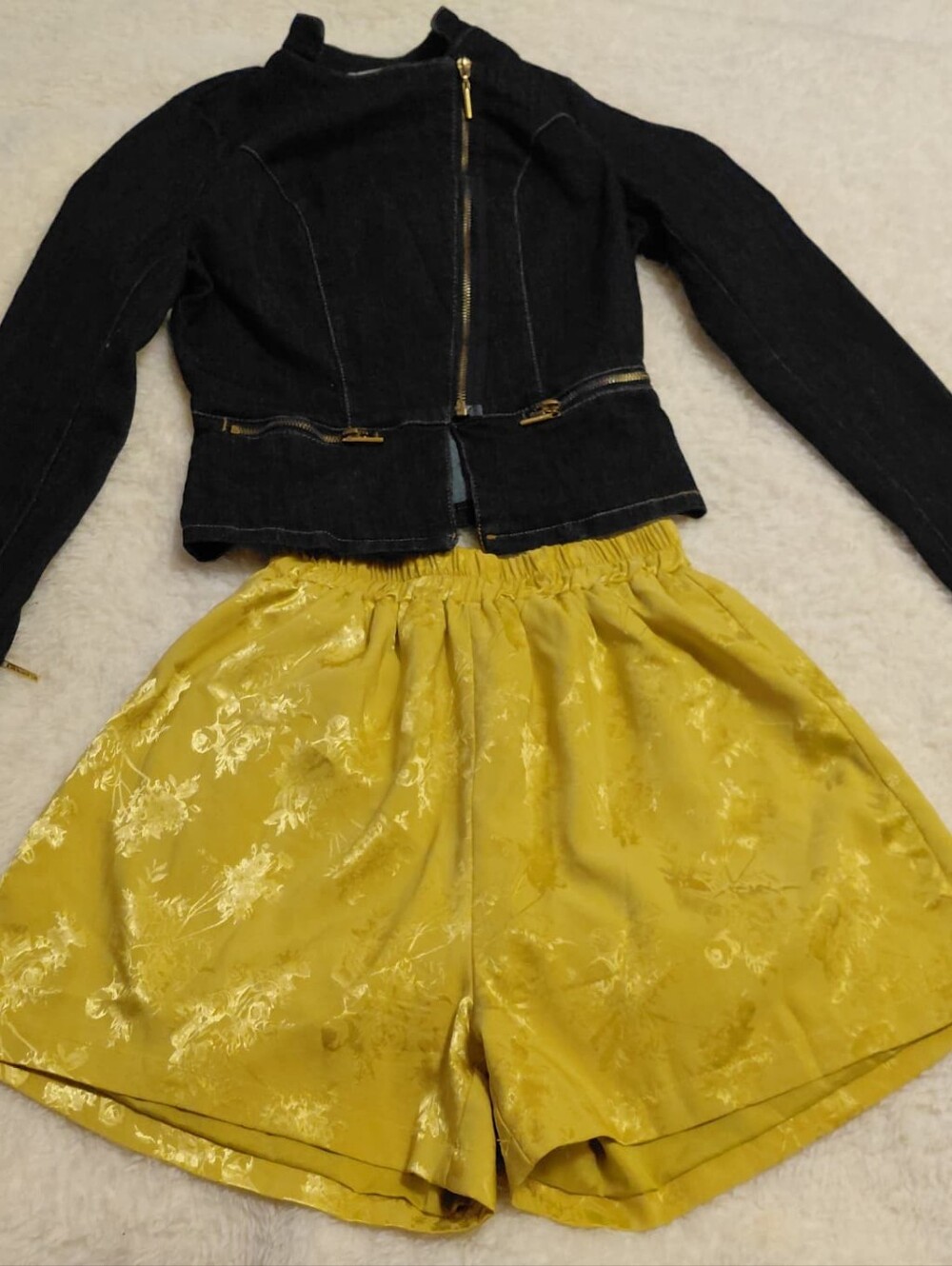 Nicki Minaj Dark Wash Denim Zip Jacket & Yellow Floral Shorts Bundle Size 2